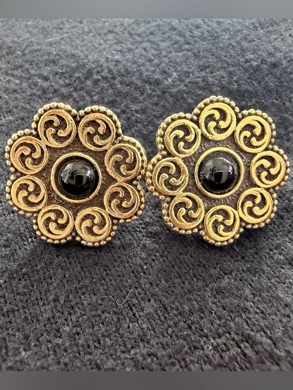 Gold Toned Clip-On Earrings with Black Cabochon